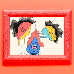 May include: A colorful illustration of three faces with abstract shapes and lines. The faces are in shades of yellow, blue, and red. The background is white.
