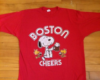 Vintage 80s Snoopy Boston Cheers Bar Red 50-50 Tshirt