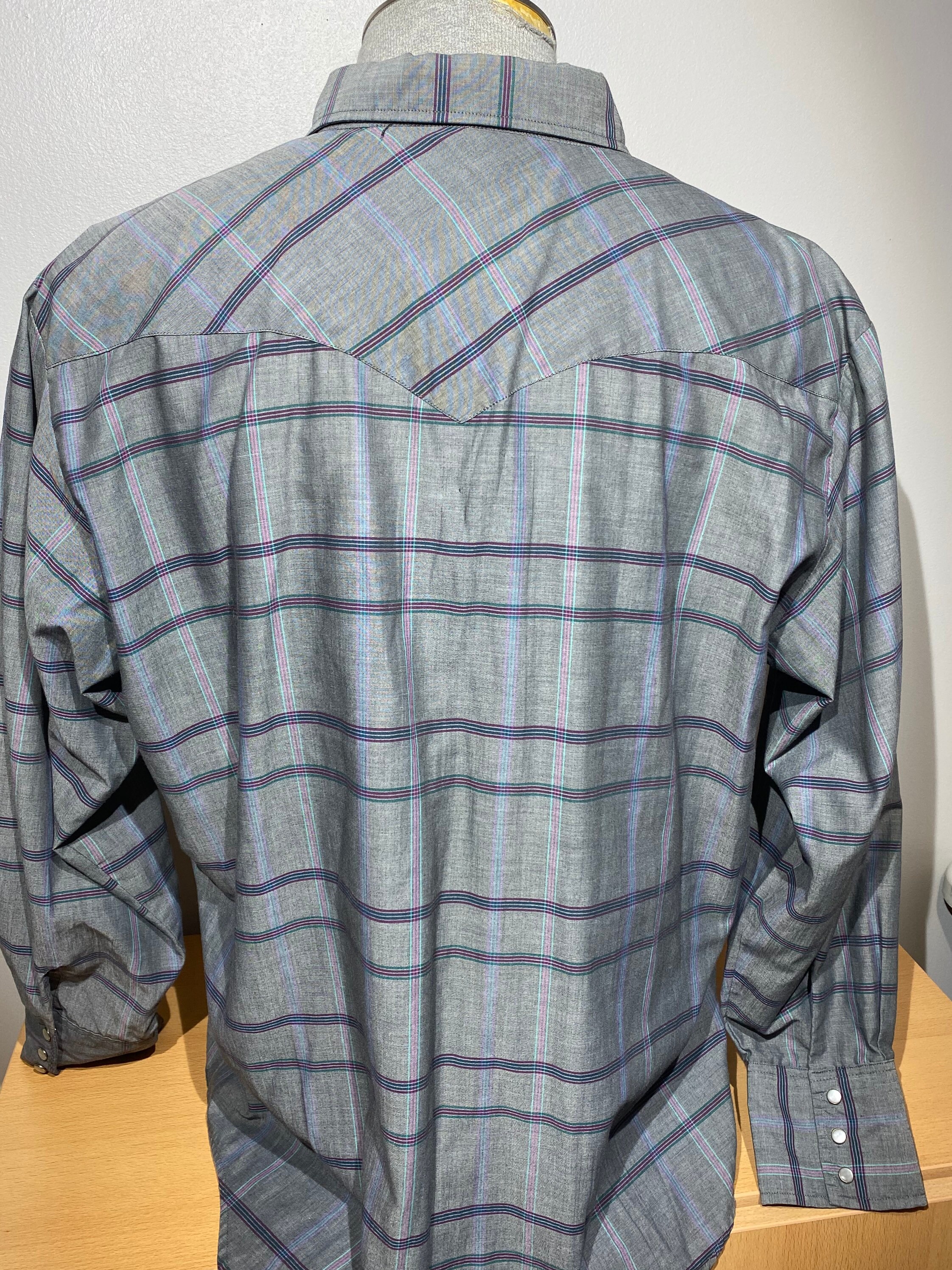 Kleding Gender-neutrale kleding volwassenen Tops & T-shirts Oxfords Vintage jaren '70 80 Bar M Rancher XL Western Pearl Snap Rockabilly Grey Purple Cowboy Shirt 