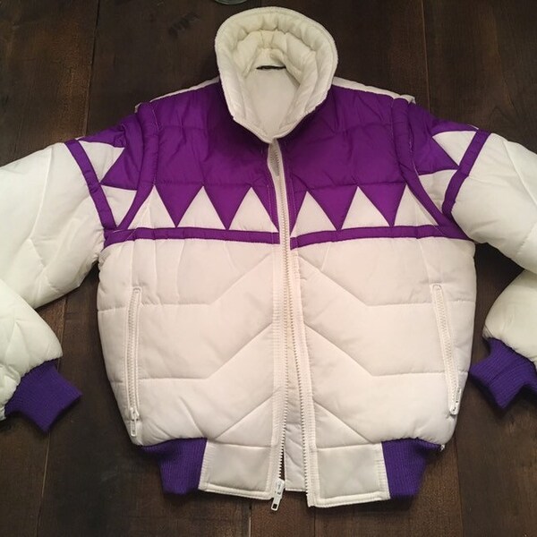 Vintage 1980s Retro Small White Purple Puffer Ski Vest Jacket Combo Made in Korea