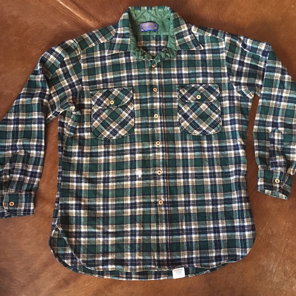 Vintage 60s 70s Pendleton Pure Virgin Wool Medium Green Tartan Plaid Shirt