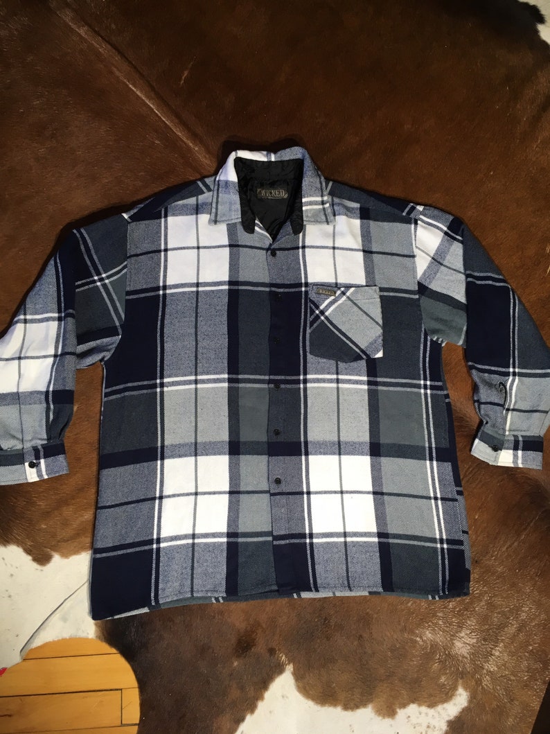 Vintage 80s 90s Wicked Blue White Plaid Lined Shoulders XL Shirt