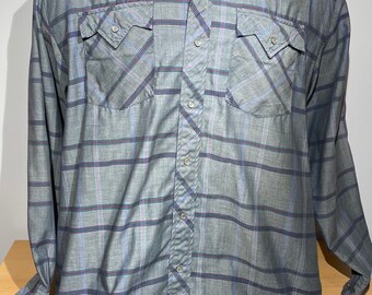 vintage années 70 80 Bar M Rancher XL Western Pearl Snap Rockabilly Grey Purple Cowboy Shirt