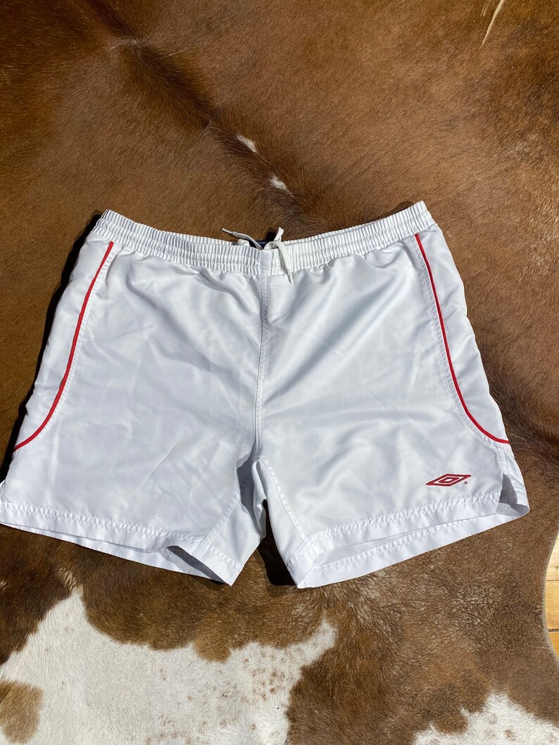 Vintage 80s 90s Umbro Soccer White Red Sport Medium Large 34-36 Nylon Shorts