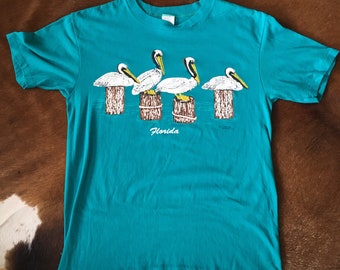 Vintage 80s Florida Souvenir Teal Tourquoise Pelican Tourist Medium 5050 Tshirt