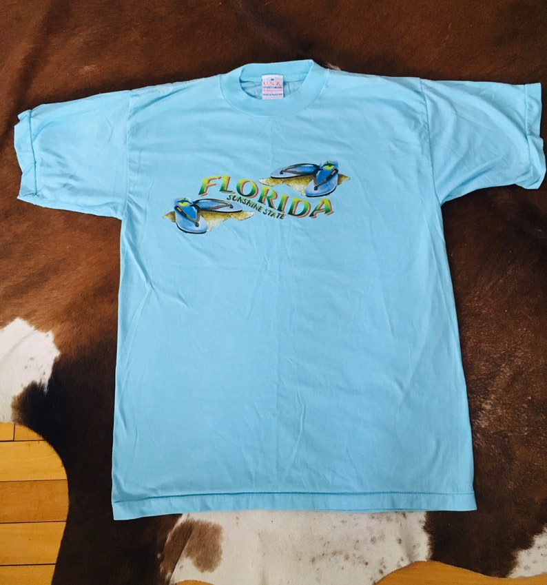 Vintage 80s 90s Florida USA Souvenir Tourist Large Turquoise Blue 5050 Soft Tshirt