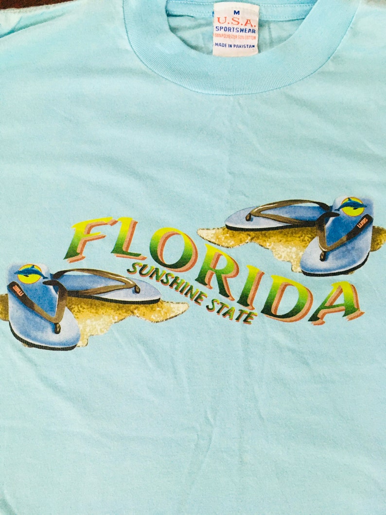 Vintage 80s 90s Florida USA Souvenir Tourist Large Turquoise Blue 5050 Soft Tshirt