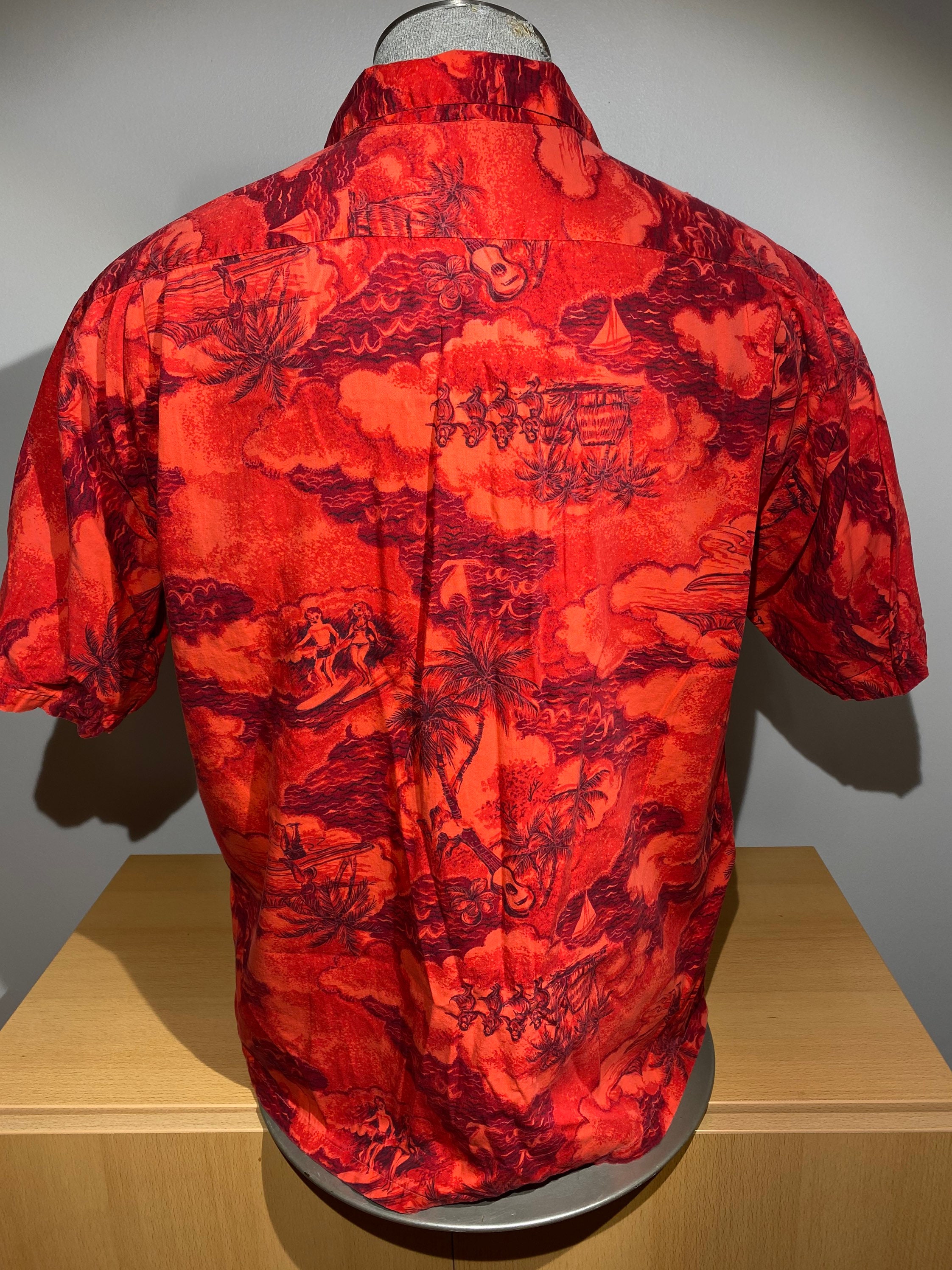 Kleding Gender-neutrale kleding volwassenen Tops & T-shirts Polos Vintage jaren '60 jaren '70 Hawaiiana Rode Medium Surf Stijl Beachwear Button Up Hawaiian Shirt 