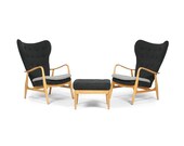 Pair Vintage Danish Wingback Lounge Chairs with Ottoman by Madsen Schubell. 1950s