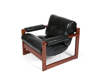 Percival Lafer Leather Lounge Armchair. 1970s Brazilian Modern MCM. Model S-1
