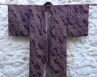 Burgundy Floral Vintage Kimono, Vintage Japanese Floral Kimono, Purple Japanese Pattern Handmade Kimono