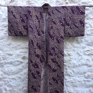 Burgundy Floral Vintage Kimono, Vintage Japanese Floral Kimono, Purple Japanese Pattern Handmade Kimono