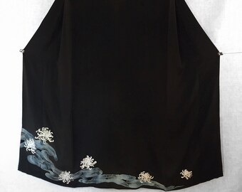 Black Tomesode Vintage Kimono, Golden Chrysanthemum Flowers Silk Kimono, Handmade Japanese Kimono