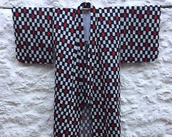 Kimono noir blanc rouge, Kimono en laine vintage carré, Kimono en laine rouge noir blanc, Kimono japonais fait à la main