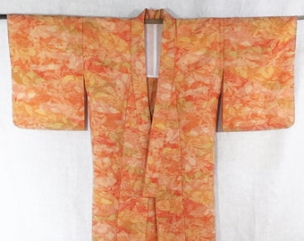 Orange Vintage Kimono, Linen Silk Summer Kimono, Floral Komon Kimono, Floral Summer Kimono, Handmade Japanese Kimono