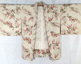Cream Floral Vintage Haori, Silk Ikat Short Kimono, Vintage Haori Jacket, Handmade Vintage Kimono