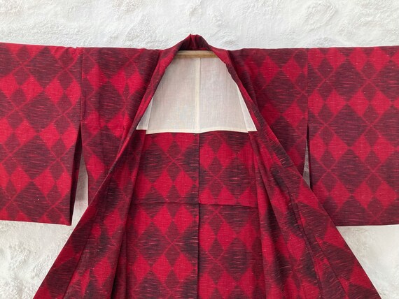Red Wool Vintage Kimono: Diamond Pattern, Handmade in Japan View 5