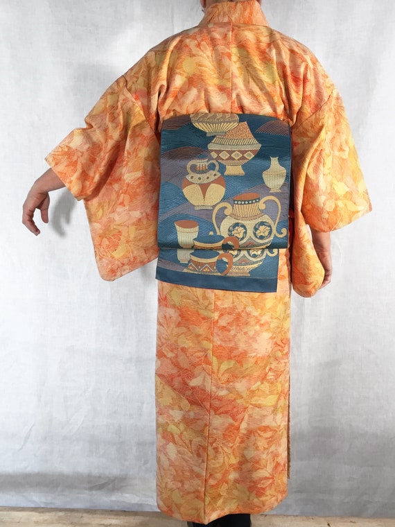 Orange Vintage Kimono, Linen Silk Summer Kimono, … - image 10