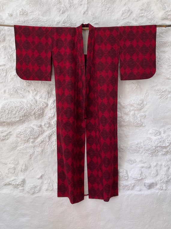 Red Wool Vintage Kimono: Diamond Pattern, Handmade in Japan