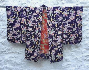 Girls Padded Haori, Purple Floral Silk Kimono, Handmade Japanese Small Kimono