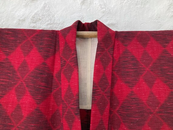 Red Wool Vintage Kimono: Diamond Pattern, Handmade in Japan View 4
