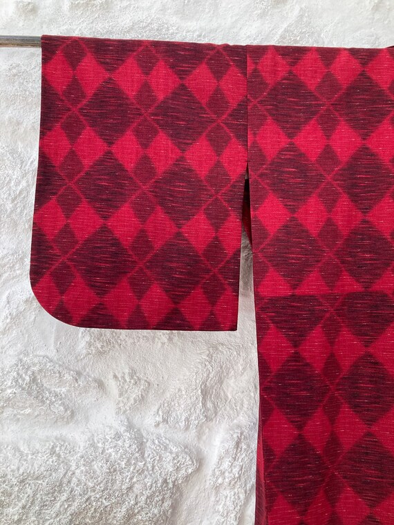 Red Wool Vintage Kimono: Diamond Pattern, Handmade in Japan View 6