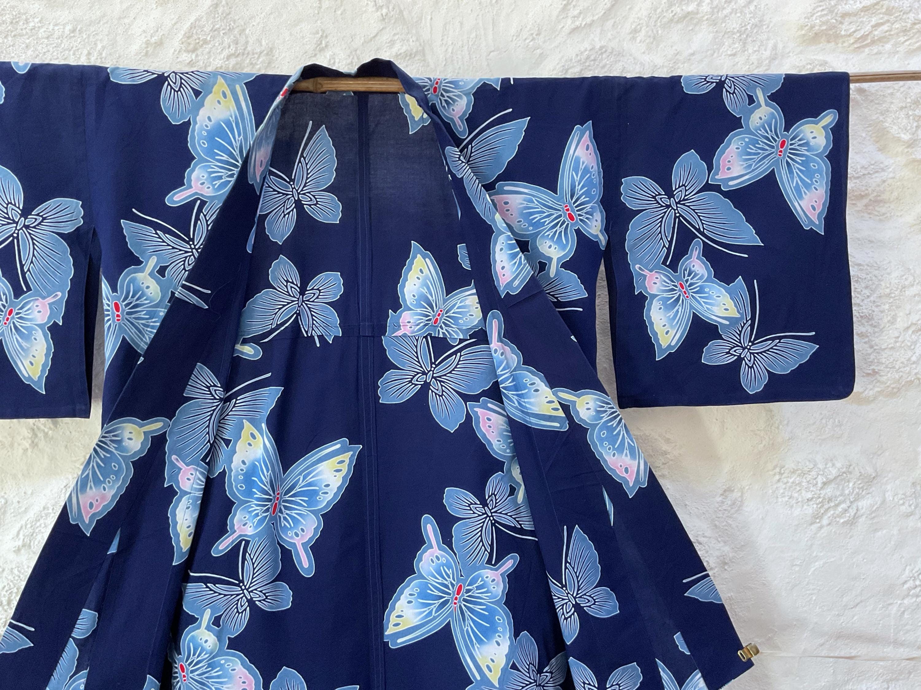 Butterfly Navy Blue Yukata, Big Print Cotton Kimono