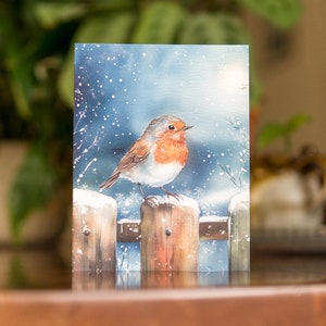 Carte de vœux festive oiseau d'hiver, carte de voeux oiseau chanteur, jeu de cartes unique fait main, idée cadeau pour amoureux des oiseaux, ensemble de papeterie hiver enneigé