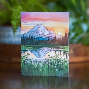 Carte de vœux aquarelle Mount Rainier, Washington PNW Art, paysage de lac de haut pays, carte de note de forêt de montagne du parc national pour lui