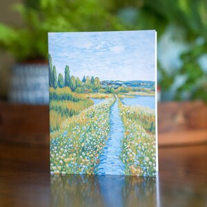 Cartão de felicitações Spring Wildflower Country Path, impressão de arte em acrílico, papelaria floral vintage, conjunto de cartões de nota em branco, lindo cartão de presente para ela