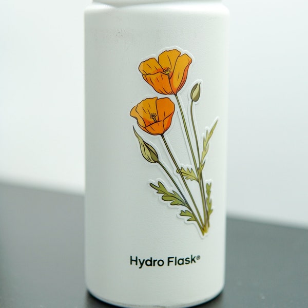 California Golden Poppy Flower Sticker - Waterproof Vinyl Decal for Water Bottle, Laptop, Planner, Orange Floral, Super Cute Wildflower Gift