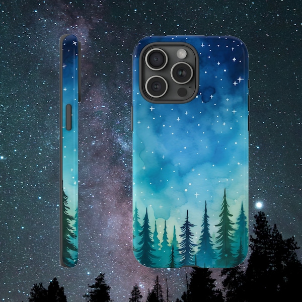 Magical Starry Night Sky Phone Case, Watercolor Mountain Forest Milky Way Art, iPhone Pro Max Plus, Google Pixel Pro, Samsung Galaxy Ultra