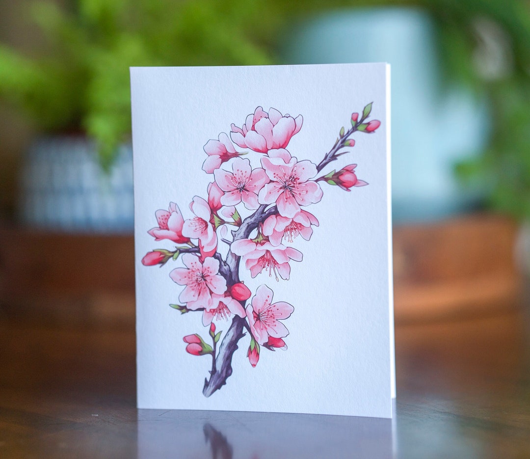 Cherry Blossom Greeting Card, Kawaii Spring Blossom Note Card, Archival ...