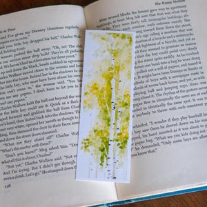 Bellissimo segnalibro con fogliame di pioppo tremulo, bella arte ad acquerello della foresta, carta di lino di qualità d'archivio, regalo per circoli di lettura, bibliotecari, lettori