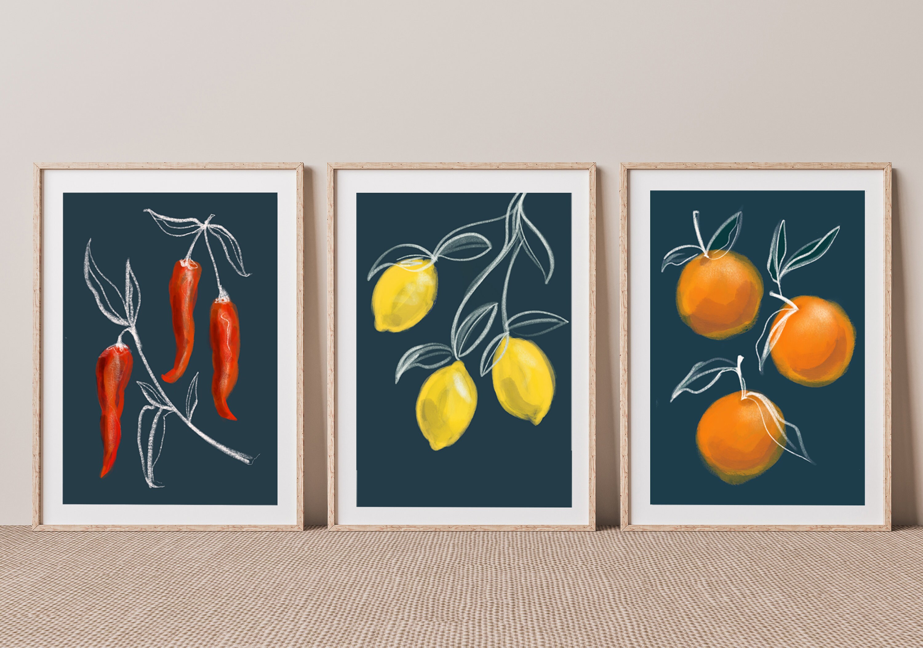Set of 3 Botanical fruit Prints Art Print Kitchen Art Etsy