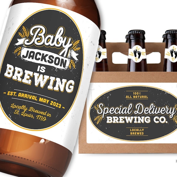 NEW! Baby Announcement Baby Is Brewing Beer Labels & Optional Carrier Kit • Pregnancy Announcement Beer Bottle Labels with Optional Carrier