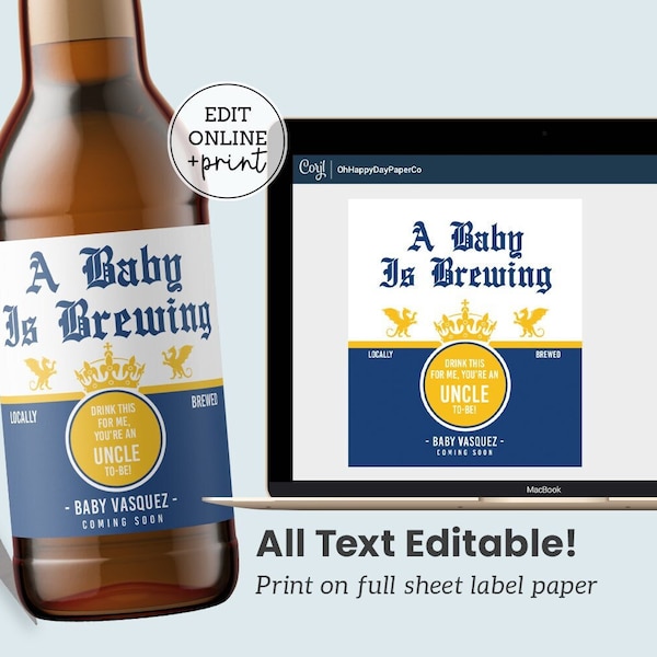 Druckbares Schwangerschaftsankündigungs-Bier-Etikett • Ein Baby braut • Online bearbeiten & noch heute drucken • Baby-Ankündigung