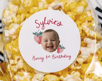 Face Circle Labels for Treat Bags • Strawberry Thank You First Birthday Party Favors