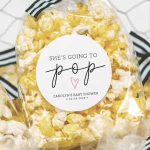 Circle Labels for Popcorn Favor Bags • She's Going To Pop • Baby Shower Favor or Gift Labels • Printed & Shipped