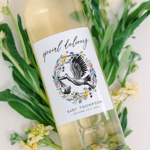 Printed Pregnancy Announcement Special Delivery Wine Label • Glossy Vinyl Label • Mini or Full Wine or Champagne Bottle Label
