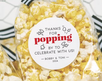 Circle Labels for Popcorn Favor Bags • Thanks For Popping By To Celebrate • Popcorn Favor or Gift Labels • Printed & Shipped