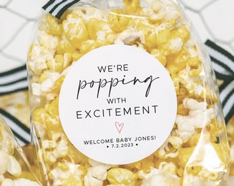 Circle Labels for Popcorn Favor Bags • Popping With Excitement • Baby Shower Popcorn Favor or Gift Labels • Printed & Shipped