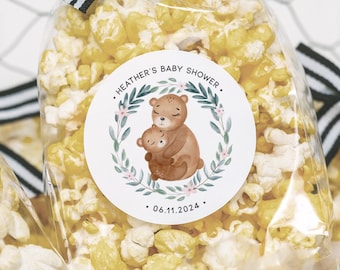 Circle Labels for Baby Shower Favor Bags • Mama Bear Baby Bear Floral Thank You Sticker • Baby Shower Popcorn Favor or Gift Labels