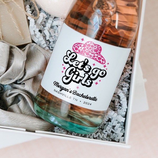 Printed Mini Champagne Labels Bachelorette Party Favors • Sets of 10 Glossy Customized Mini Champagne Bottle Label • Let's Go Girls Cowgirl