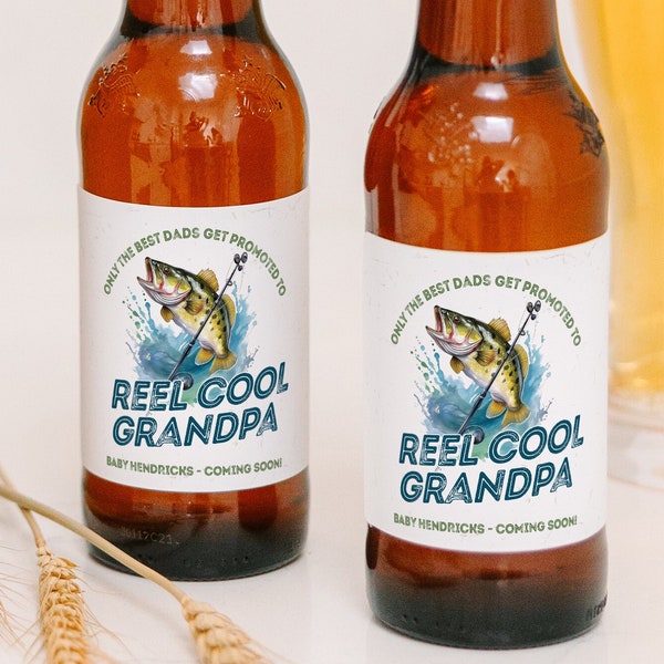 Baby Announcement Beer Label with Optional Carrier • Reel Cool Grandpa Fishing Custom Beer Label Pregnancy Announcement • Grandpa-To-Be Gift