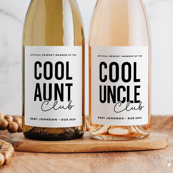 Printed Cool Aunt Club Newest Official Member Pregnancy Announcement Label • Glossy Vinyl Label • Wine or Champagne Label Aunt or Uncle