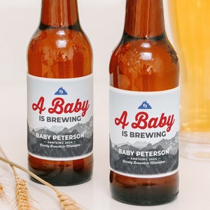 Printed A Baby Is Brewing Beer Bottle Label •  Pregnancy Announcement Baby Shower Decor • Baby Announcement Beer Labels Gift