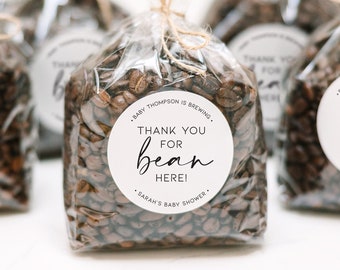 Printed Glossy Circle Labels • Coffee Label Thank You For Bean Here Baby Shower or Wedding Shower Favor Gift • Coffee Favor Custom Labels