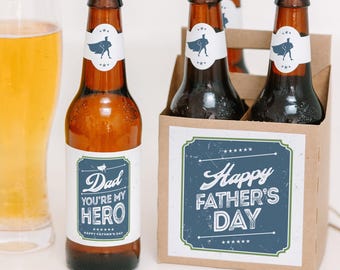 Dad You're My Hero Father's Day Beer Labels & Carrier • Gift For Dad, Grandpa