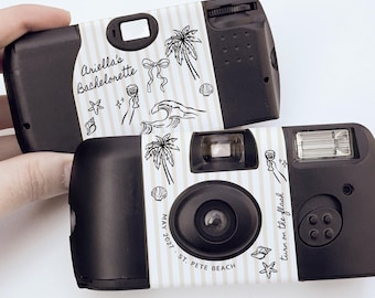 Striped Disposable Camera Wrap with Beach and Coastal Bachelorette Theme • Sticker Only